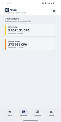 Nkaa account balances for MoMo and Orange Money